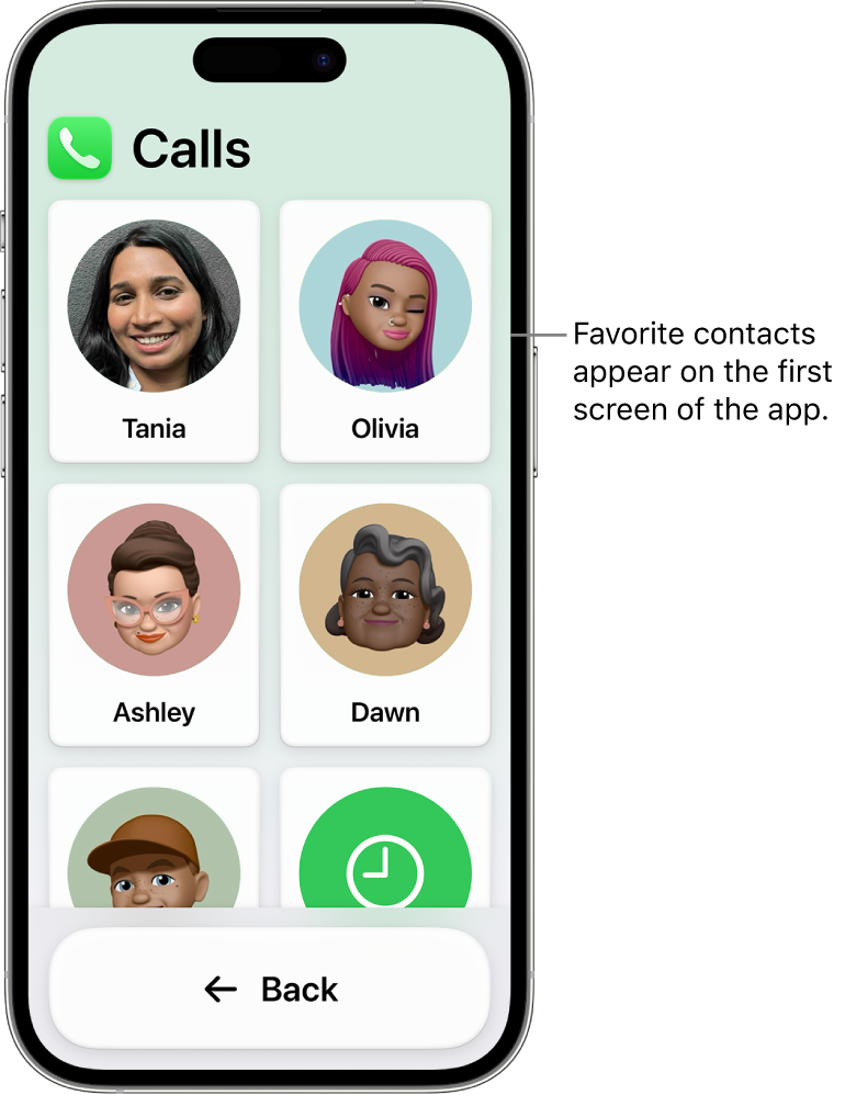 An iPhone in Assistive Access with the Calls app open, showing a list of contact photos and names.