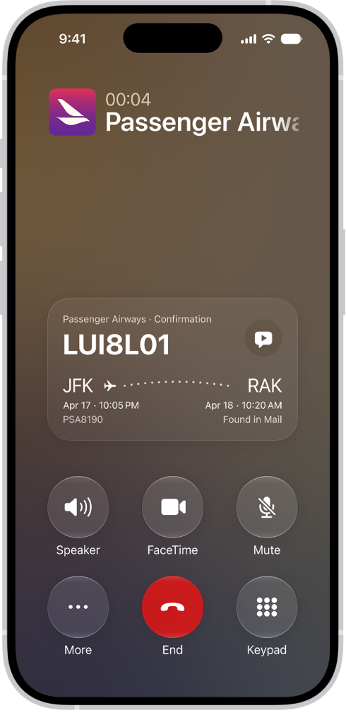 L’écran d’appel affichant une fiche de contexte d’appel avec une confirmation de vol.