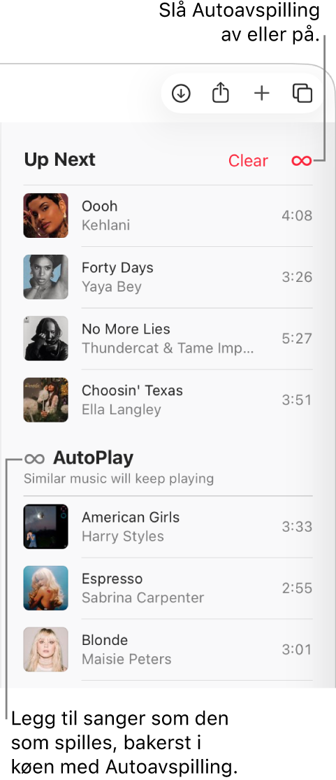 Neste-køen øverst i Apple Music viser Fjern- og Autoavspilling-knappene. Autoavspilling er slått på.
