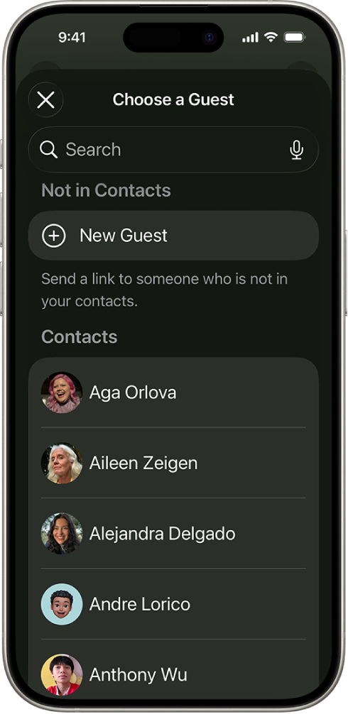 The Choose a Guest screen and a list of contacts on an iPhone.