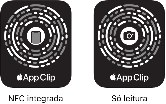 À esquerda, um código de App&nbsp;Clip NFC integrado, com um ícone do iPhone no centro. À direita, um código de App&nbsp;Clip de leitura, com um ícone de um câmara no centro.