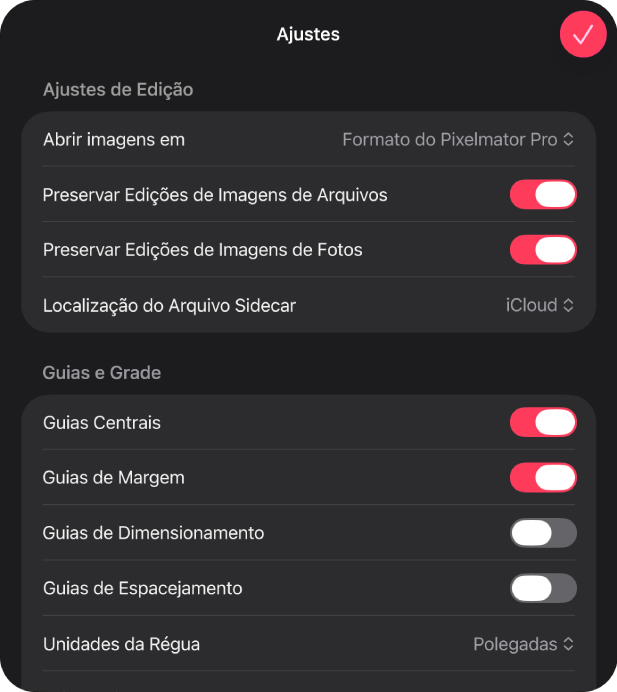 Caixa de diálogo de ajustes do app Pixelmator&nbsp;Pro.