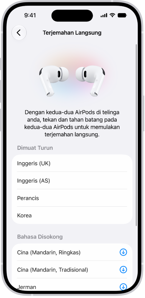 Skrin Bahasa dalam seting Terjemahan AirPods menunjukkan senarai yang dimuat turun dan bahasa yang disokong.