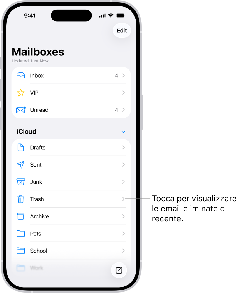 La schermata Caselle Sotto iCloud, vengono elencate le caselle dall’alto in basso, incluso il cestino. Toccalo per visualizzare i messaggi email che hai eliminato di recente.