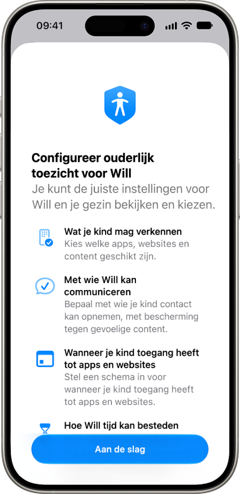 Het configuratiescherm voor ouderlijk toezicht met opties om aan de slag te gaan.