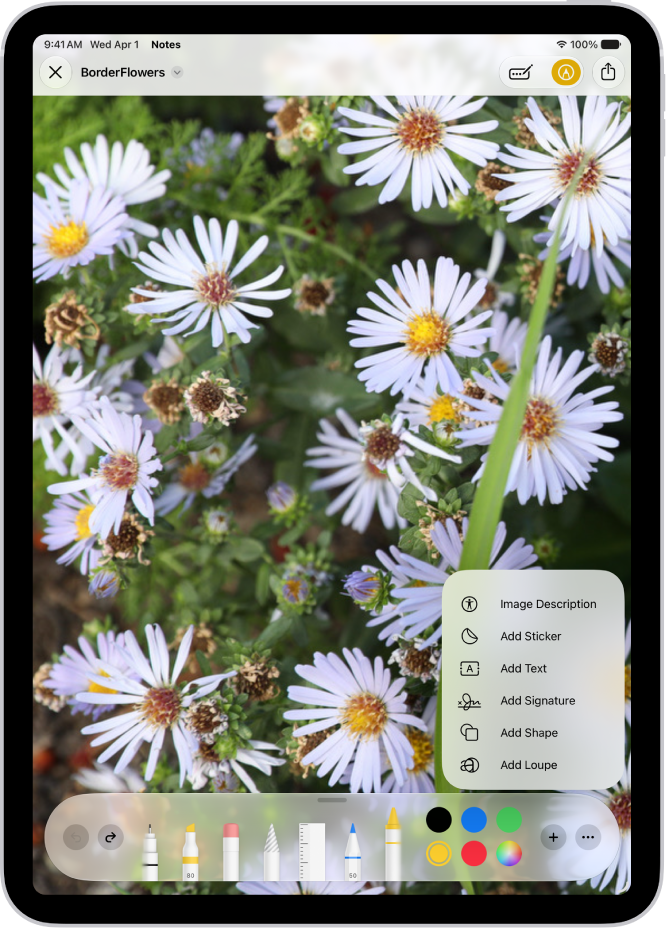 The Markup toolbar is open at the bottom of a note in the Notes app and the Add button in the bottom-right corner of the screen is selected. The following options are available in the Add menu: Add Sticker, Add Text, Add Signature, and Add Shape.