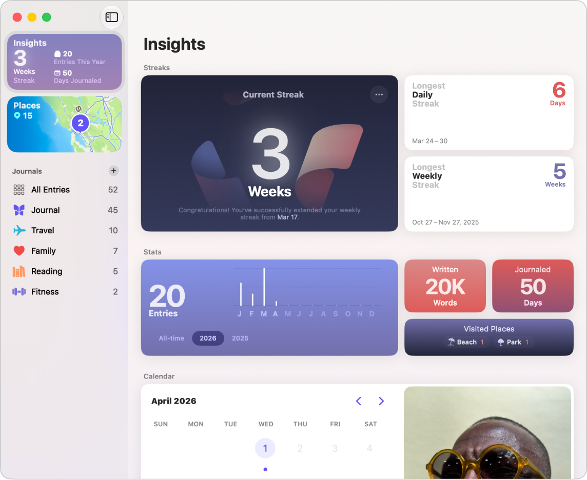 A screen in the Journal app showing the Insights summary with various metrics, like number of words written.