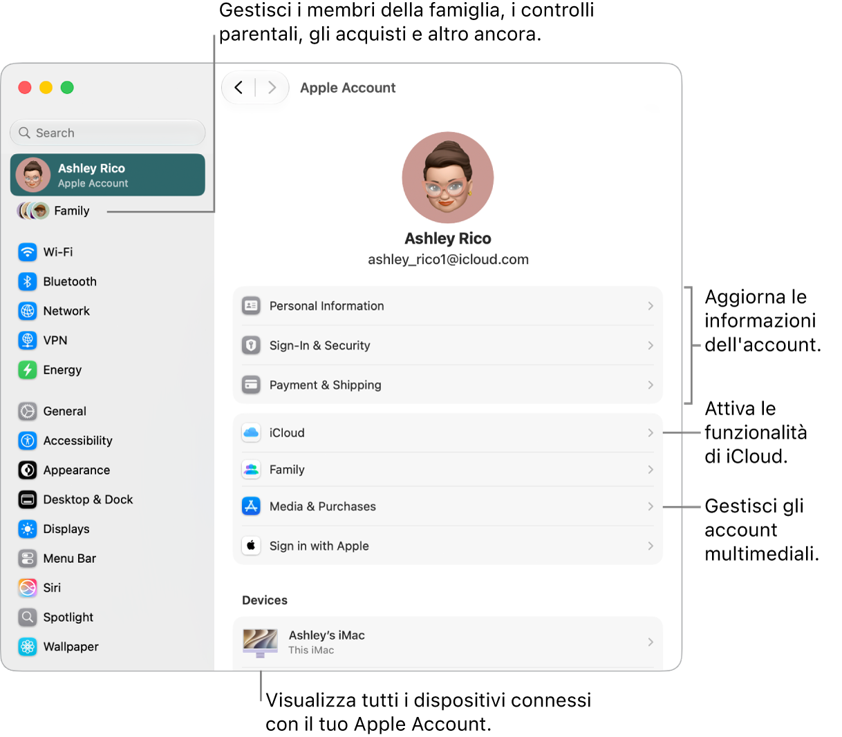 Le impostazioni di Apple&nbsp;Account in Impostazioni di Sistema, con didascalie per aggiornare le informazioni dell’account, attivare o disattivare le funzionalità di iCloud, gestire gli account multimediali, modificare le impostazioni di “In famiglia”, dove è possibile gestire i membri del gruppo familiare, i controlli parentali, gli acquisti e altro ancora.