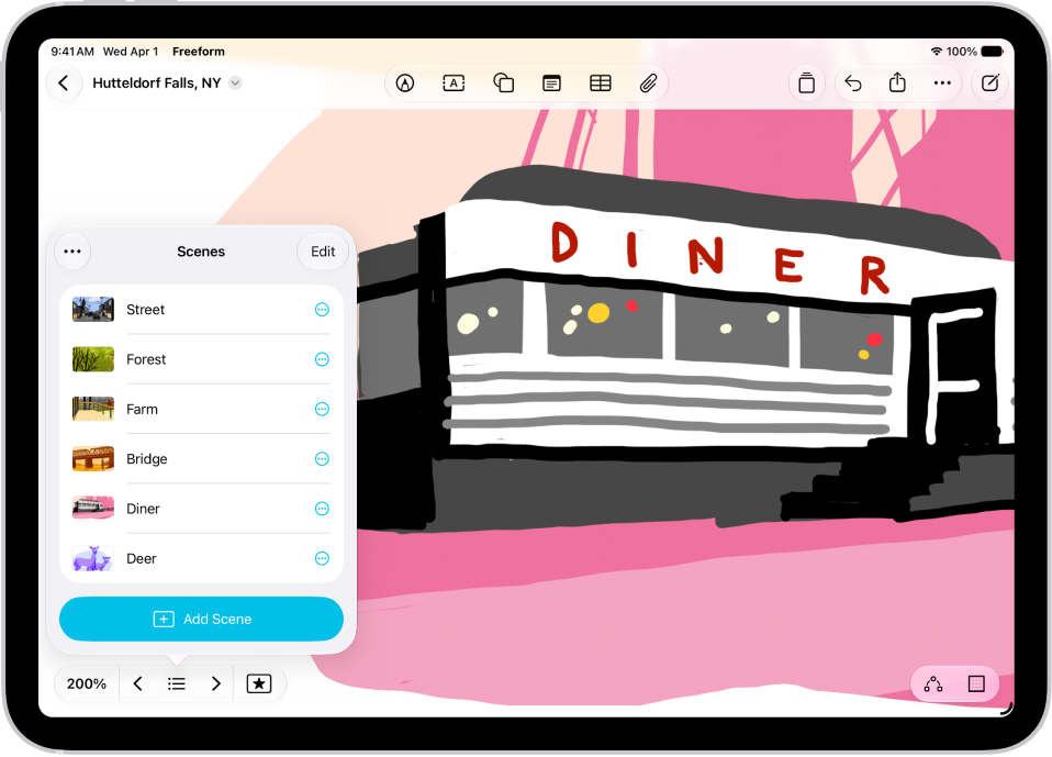 A Freeform board with the Scene Navigator open and several saved scenes.