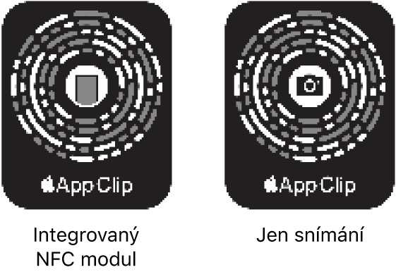 Vlevo kód klipu aplikace s&nbsp;integrovaným NFC tagem, který je uprostřed označený ikonou iPhonu. Vpravo kód klipu aplikace určený jen k&nbsp;optickému snímání, který je uprostřed označený ikonou fotoaparátu.
