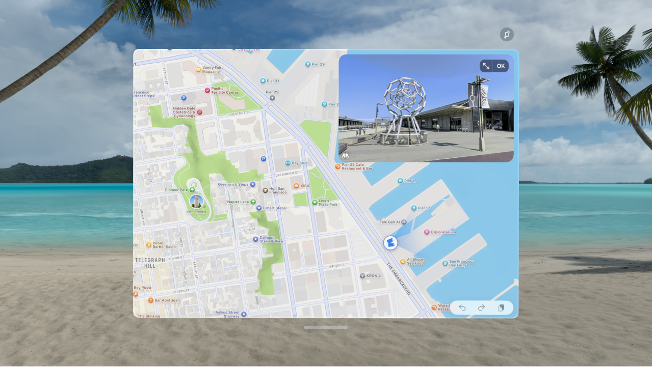 App Plans sur l’Apple&nbsp;Vision&nbsp;Pro, affichant un lieu en mode «&nbsp;Vue à 360°&nbsp;».