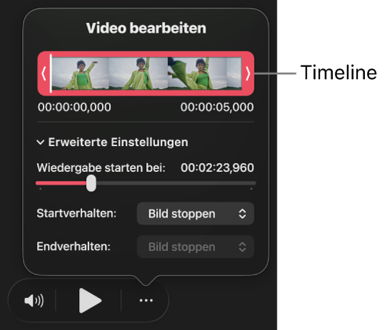 Das Dialogfenster „Video bearbeiten“ mit einer Timeline, die getrimmt werden kann, und weiteren Steuerelementen.