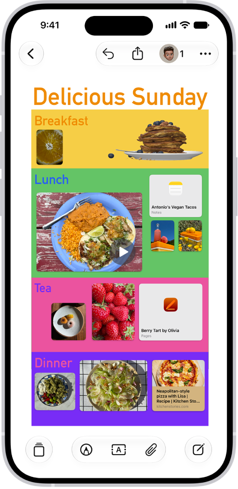 A Freeform board with several inserted files: a 3D image file, a link, a video, stickers, and a photo.