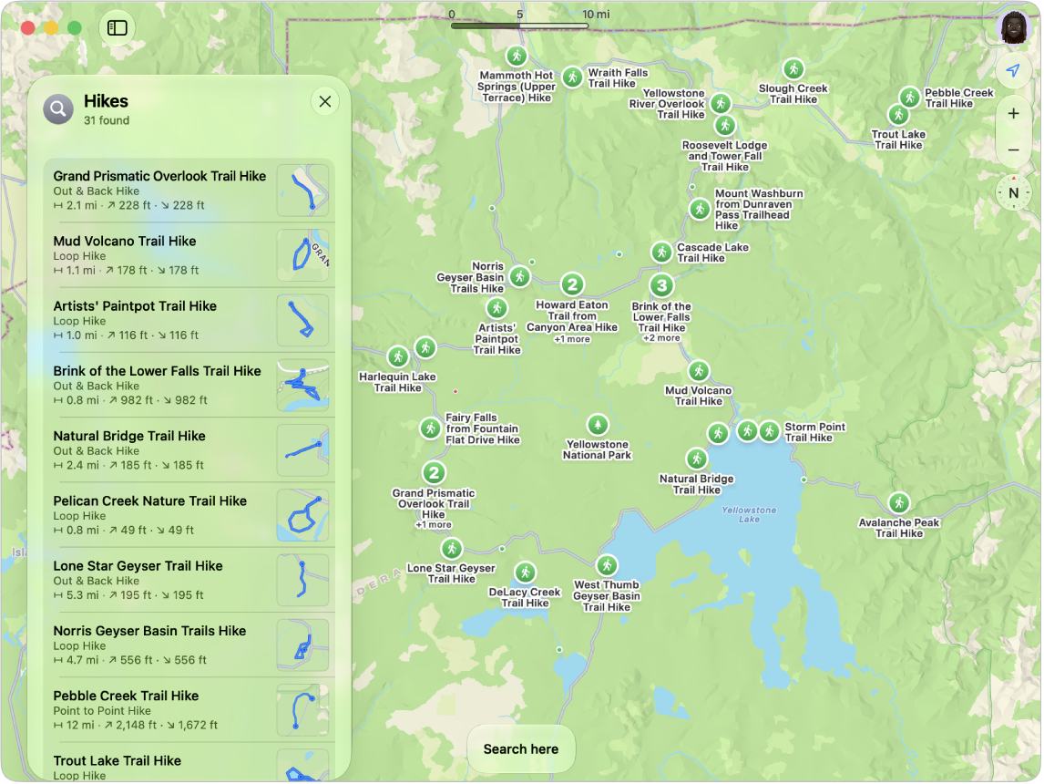 A map of a national park, showing search results for hiking trails in a list at the left and labeled on the map itself.