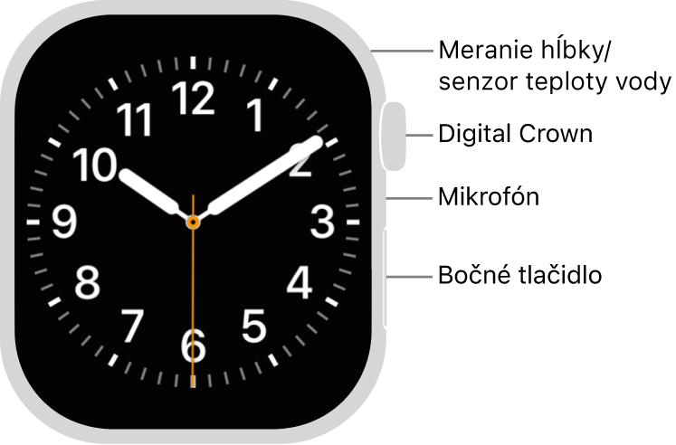 Predná strana hodiniek Apple&nbsp;Watch Series&nbsp;12 s&nbsp;displejom zobrazujúcim ciferník. Na bočnej strane sa zhora nadol nachádzajú Digital Crown, mikrofón a&nbsp;bočné tlačidlo.