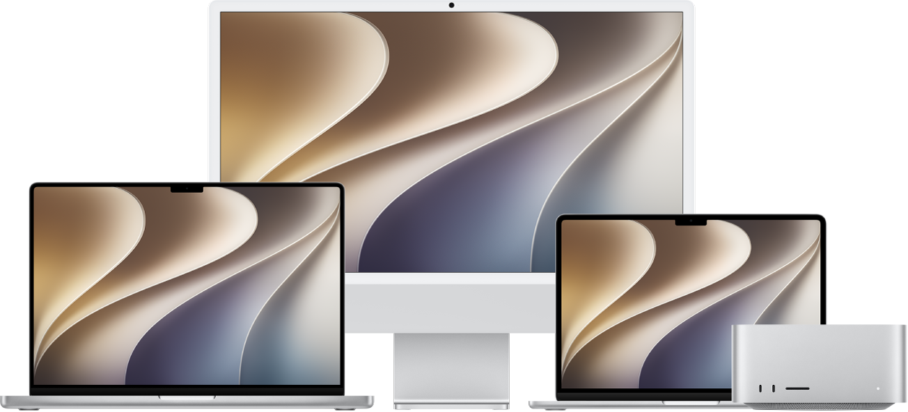 De izquierda a derecha, una MacBook&nbsp;Pro, iMac y MacBook&nbsp;Air con escritorios coloridos. Una Mac&nbsp;Studio está en el extremo derecho.