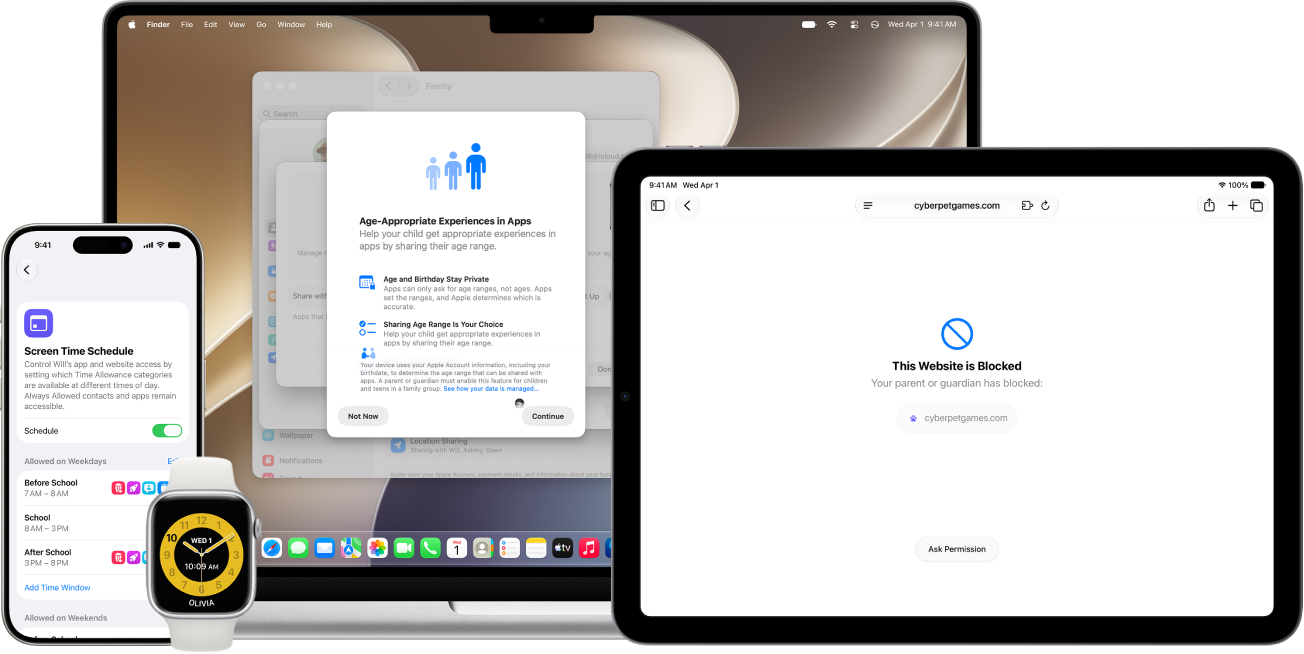 An iPhone, iPad, Apple Watch, and Mac side by side showing various parental controls like Schooltime, Screen Time Schedules, and Ask to Browse.