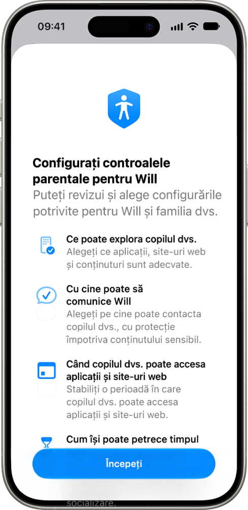 Ecranul de configurare a controalelor parentale cu opțiuni pentru a începe.