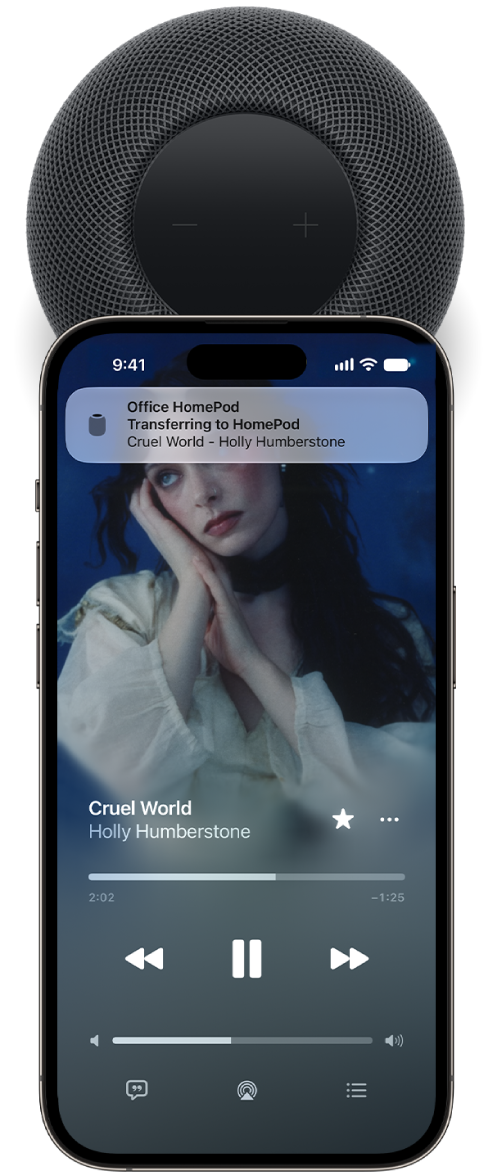 An iPhone positioned near the top of HomePod showing music being transferred.