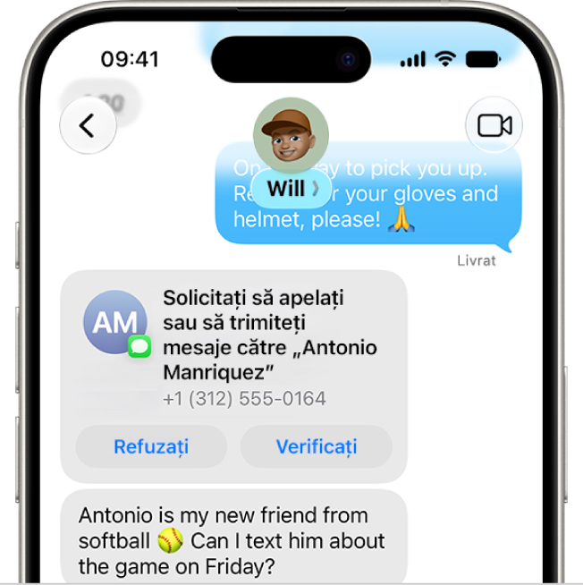 O solicitare de mesaj din partea unui copil pentru a adăuga un contact nou.
