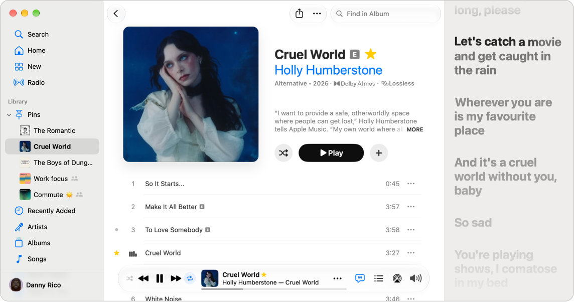 A song playing with lyrics on the right, which appear onscreen in time with the music.