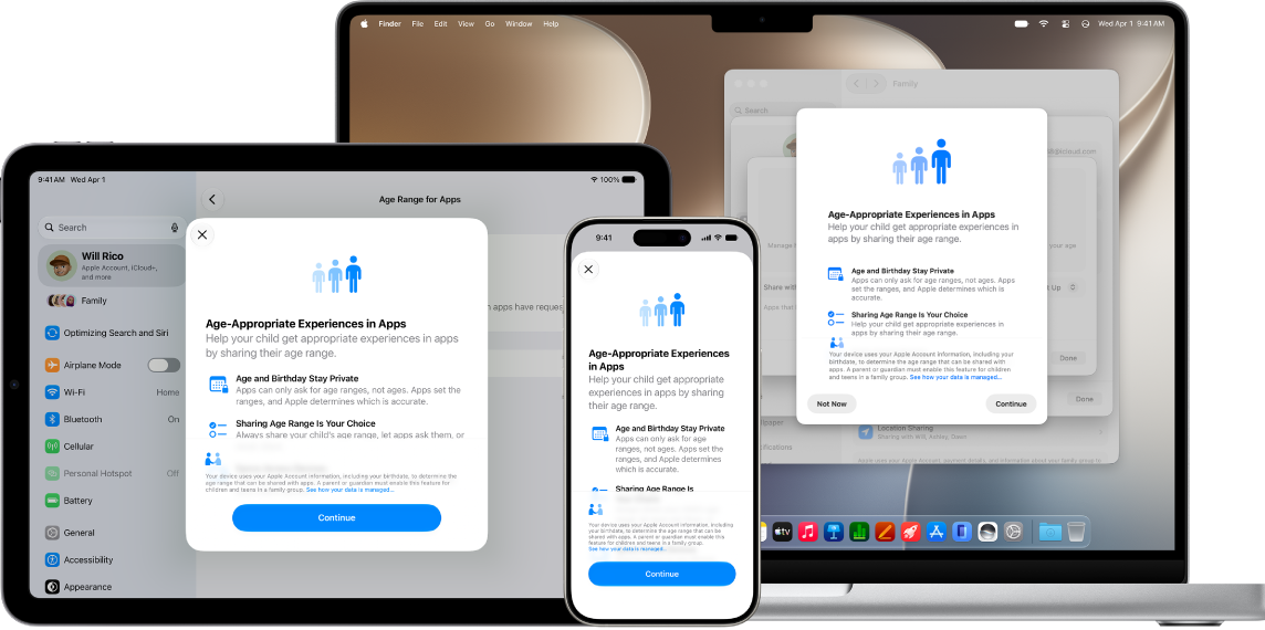 The Share Age Ranges for Apps set up screens on iPhone, iPad, and Mac.