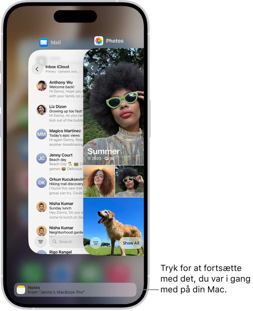 Appskifteren på iPhone, der viser en notifikation om overførsel nederst på skærmen.