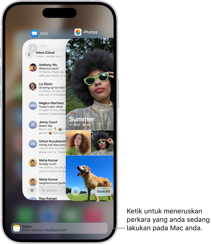 Penukar App pada iPhone menunjukkan pemberitahuan handoff di bahagian bawah skrin.