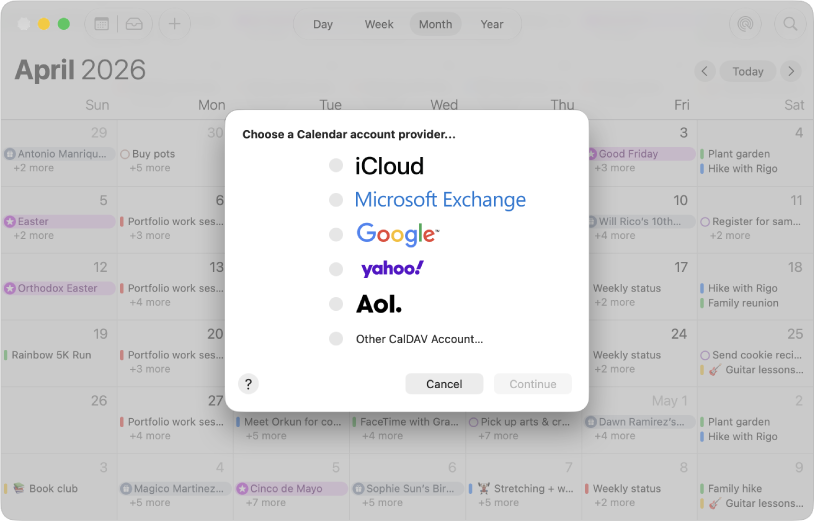 A Calendar window showing the account dialog.