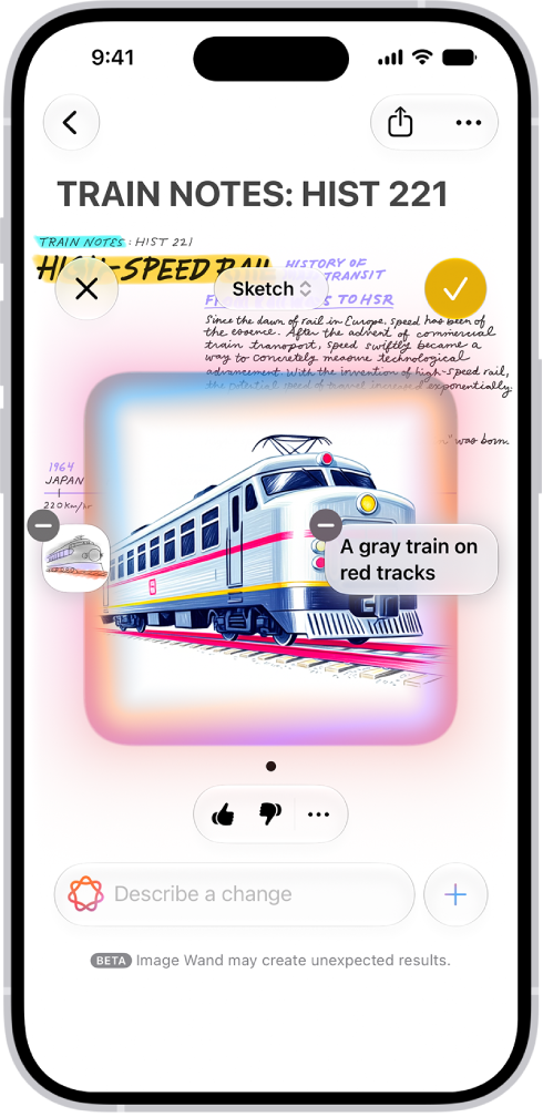 La fenêtre «&nbsp;Baguette graphique&nbsp;» affichant une image créée d’un train.