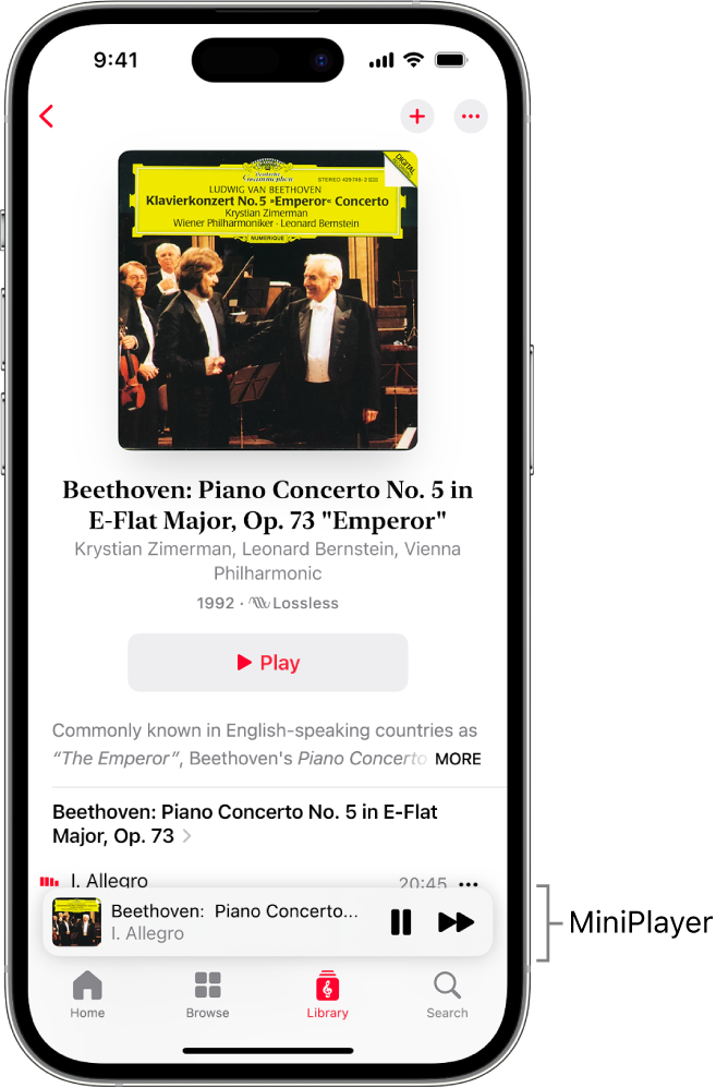 An iPhone showing the MiniPlayer in Apple Music Classical. At the top of the screen is album art, the name of the work and a Play button. The MiniPlayer is near the bottom of the screen. Below the MiniPlayer are the Home, Browse, Library and Search buttons.