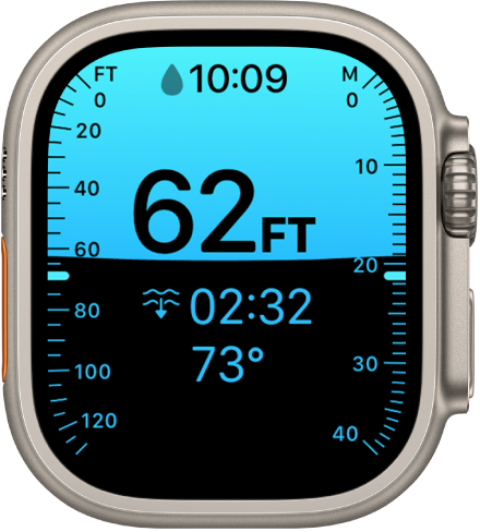 A Depth screen on Apple&nbsp;Watch&nbsp;Ultra, showing the current depth, elapsed time, and water temperature.