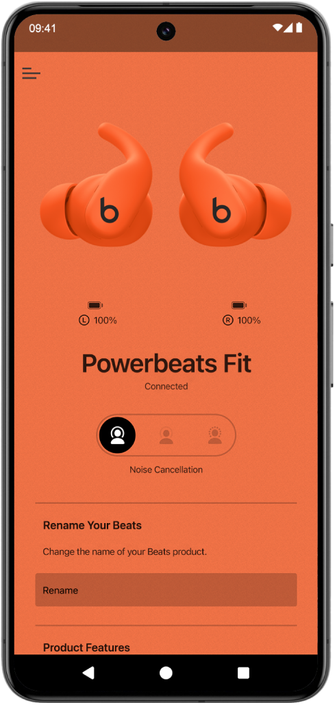 The Beats app device screen showing connected Powerbeats Fit earphones.
