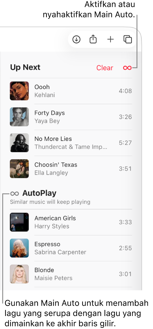 Baris Seterusnya di bahagian atas Apple Music menunjukkan butang Kosongkan dan Automain. Automain diaktifkan.