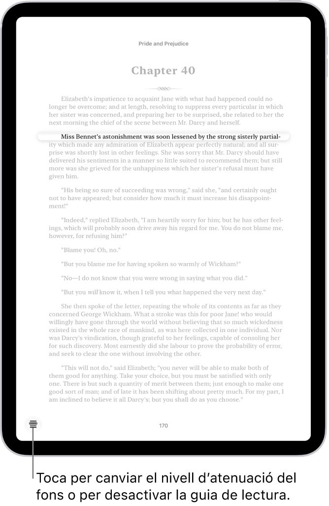 Pàgina d’un llibre a l’app Llibres. Es ressalta una sola línia de text i la resta s’atenua. A la part inferior esquerra de la pantalla hi ha el botó “Menú de la guia de lectura”.
