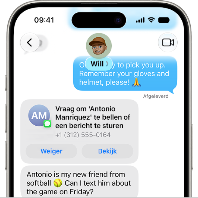 Een verzoek van een kind in Berichten om een nieuw contact toe te voegen.