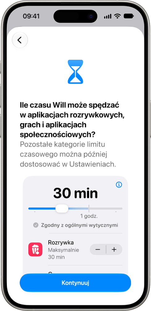 Ekran konfiguracji nadzoru rodzicielskiego pokazujący dozwolony czas w&nbsp;kategoriach aplikacji, takich jak media społecznościowe i&nbsp;rozrywka.