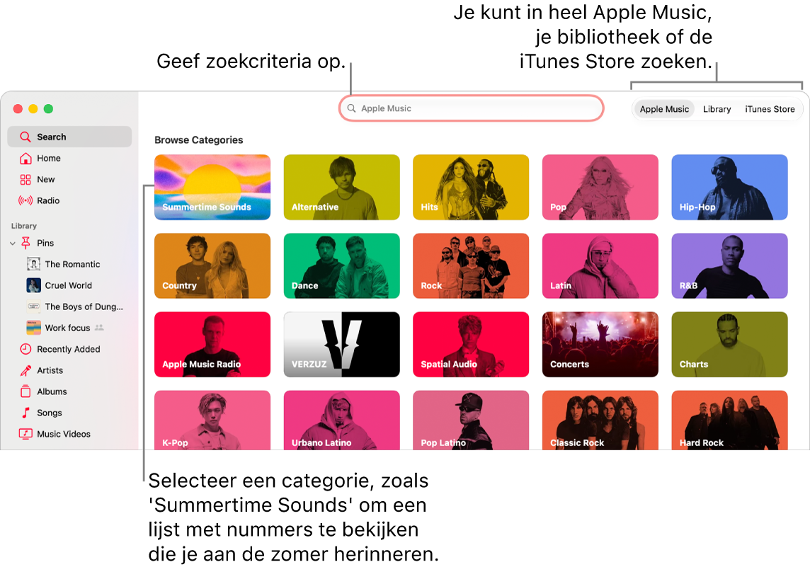 Het Muziek-venster met het zoekveld, de lijst met categorieën in het midden van het venster en 'Apple&nbsp;Music', 'Jouw bibliotheek' en 'iTunes&nbsp;Store' rechtsbovenin. Voer zoekcriteria in het zoekveld in en geef aan of je in heel Apple&nbsp;Music, alleen in je eigen bibliotheek of in de iTunes&nbsp;Store wilt zoeken.