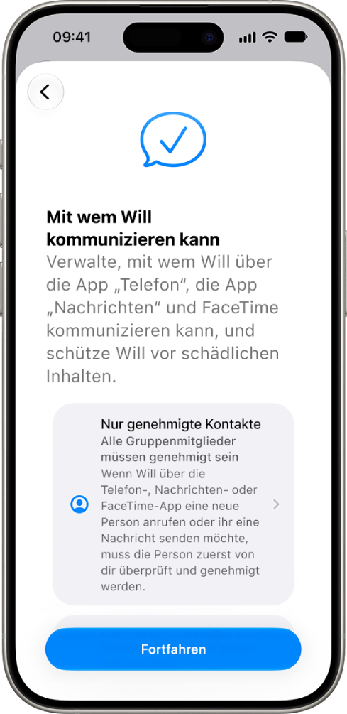 Der Einrichtungsbildschirm der Kindersicherung mit den Optionen, um festzulegen, mit wem ein Kind kommunizieren kann.