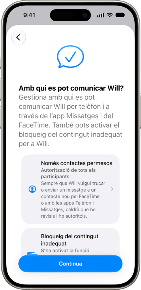 A la pantalla de configuració dels controls parentals es mostren opcions per determinar amb qui es pot comunicar un infant.
