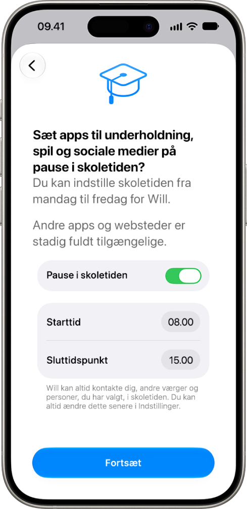Skærmen til indstilling af børnesikring viser tidspunkterne, hvor enhedsbrug skal sættes på pause i skoletiden.
