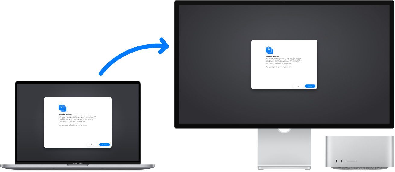 Un MacBook&nbsp;Pro et un Mac&nbsp;Studio affichant tous les deux l’écran «&nbsp;Assistant&nbsp;migration&nbsp;». Une flèche part du MacBook&nbsp;Pro et pointe vers le Mac&nbsp;Studio. Elle signifie que des données sont transférées de l’un à l’autre