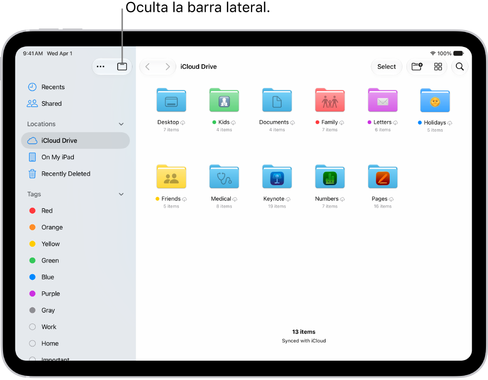 La app Archivos muestra los archivos y carpetas en tu iCloud&nbsp;Drive. En la parte superior de la pantalla están los botones para seleccionar elementos, crear una nueva carpeta, cambiar a la vista de lista, íconos o columnas, y la búsqueda.
