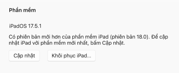 Nút “Cập nhật” xuất hiện bên cạnh nút “Khôi phục thiết bị”.