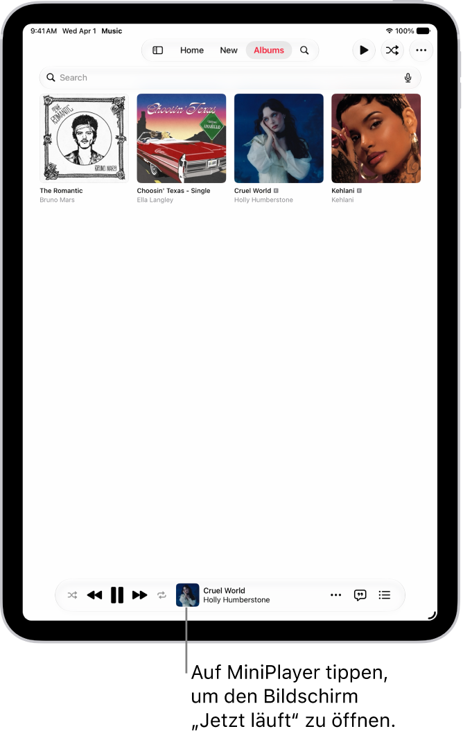 Der Tab „Alben“ zeigt den Mini-Player im unteren Bereich. Der Mini-Player zeigt den Namen des aktuell wiedergegebenen Titels an.