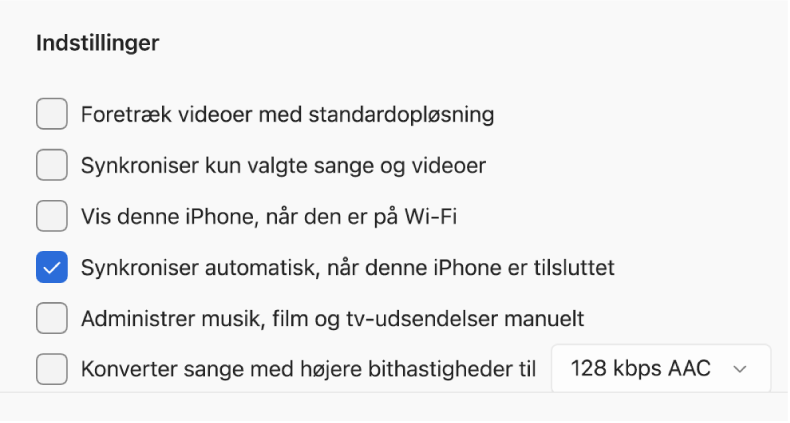 Indstillinger til synkronisering af din Apple-enhed og Windows-enhed. “Synkroniser automatisk, når denne iPhone er tilsluttet” er valgt.