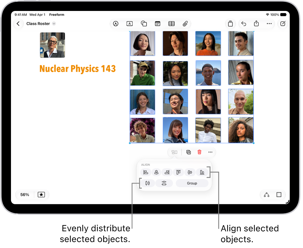 A Freeform board filled with a grid of photos. Several photos are selected, and the alignment and grouping tools appear below them.