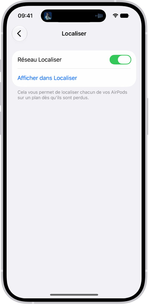 Les réglages Bluetooth sur un iPhone, avec des options pour les AirPods&nbsp;Pro. L’option «&nbsp;Réseau Localiser&nbsp;» est activée, ce qui permet de localiser spécifiquement chaque AirPod sur un plan en cas de perte.