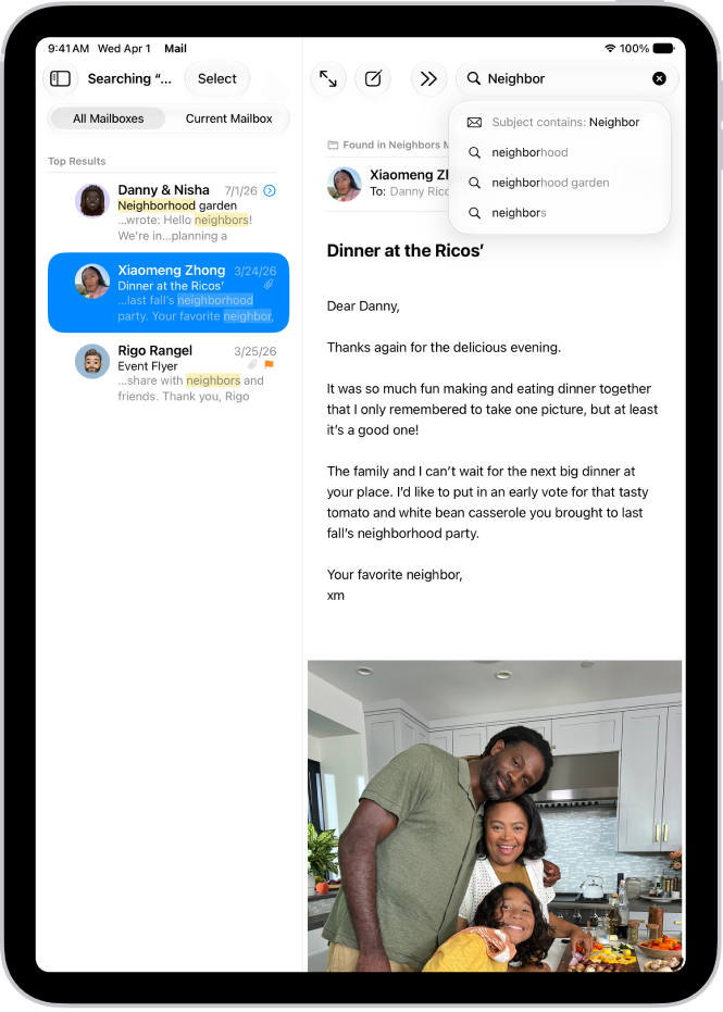 在「郵件」App 中打開了一封郵件，正在右上角輸入搜尋詞彙。