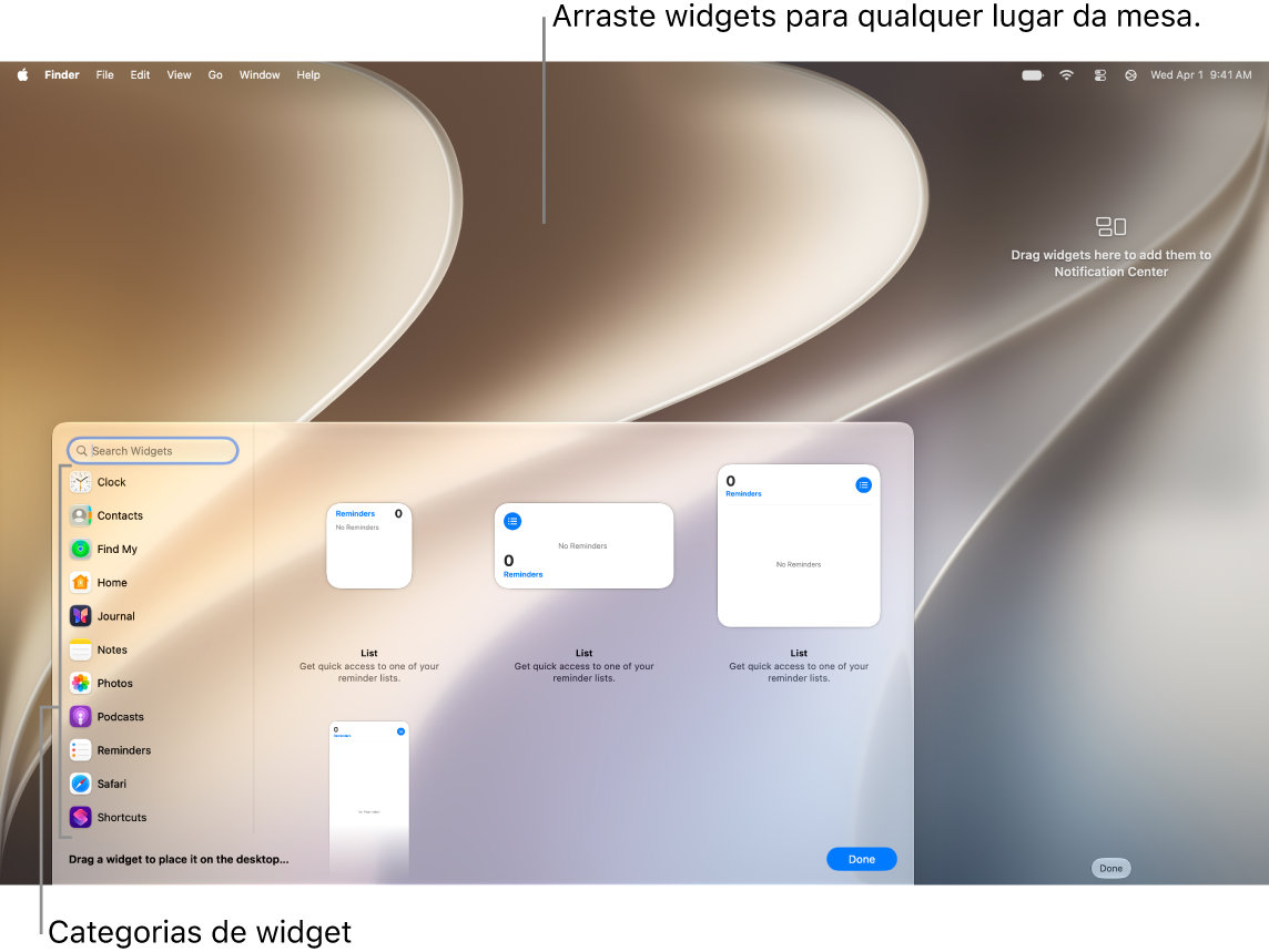 Galeria de widgets, mostrando a lista de categorias de widgets à esquerda e os widgets disponíveis à direita.